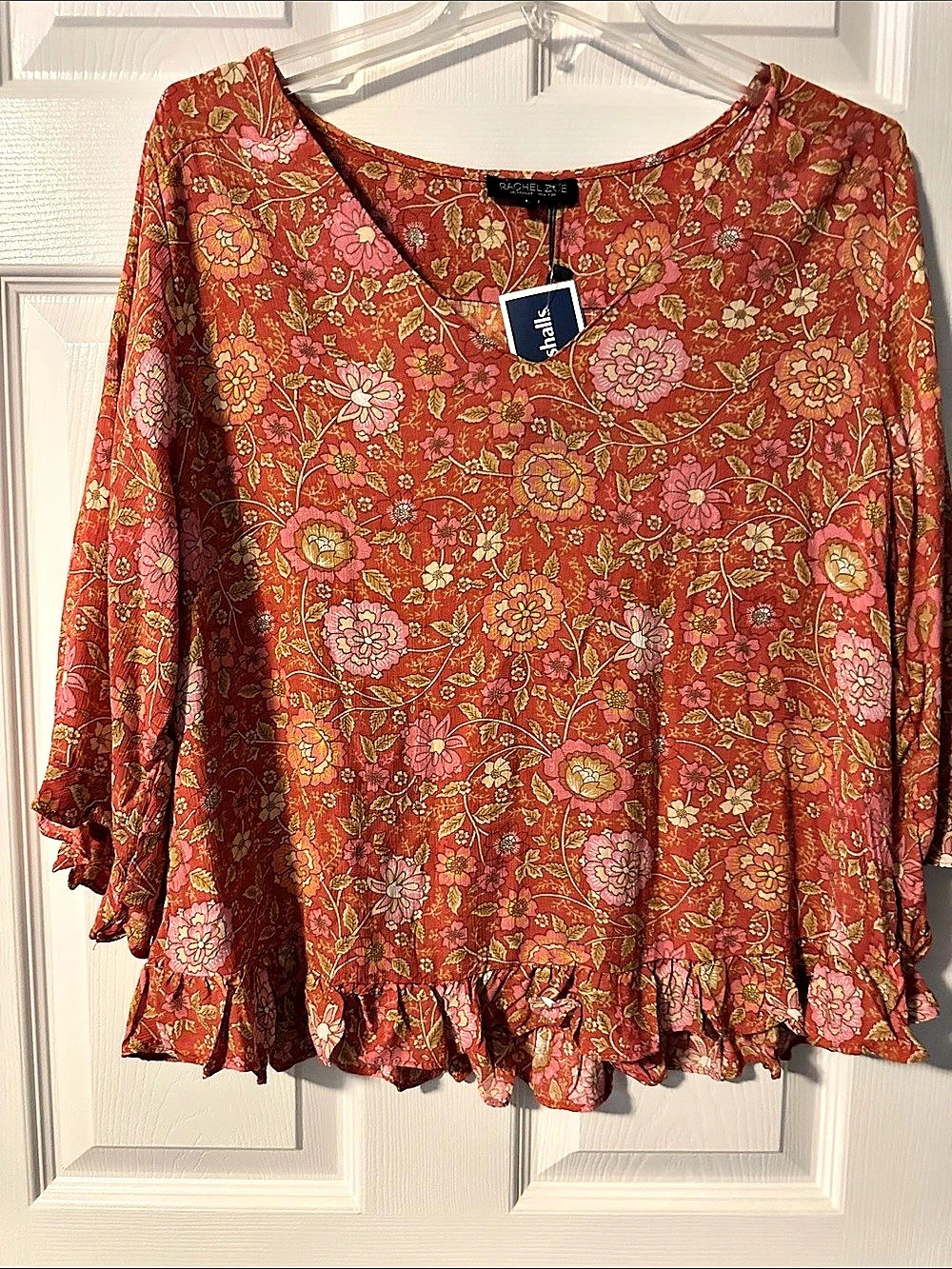 Rachel Zoe Floral Ruffle Blouse in Coral & Pink Size Large NWT